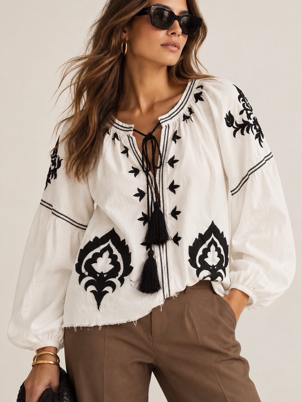 Zara Upcycled Boho Embroidered Blouse White Black Tassel Raw Hem Oversized L